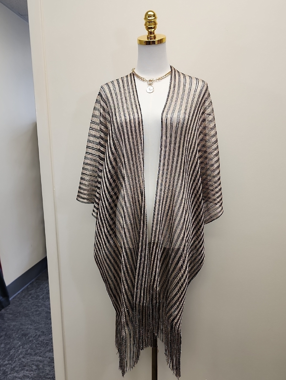 Black Gold Metallic Striped Fringe Kimono Cover Up Sheer Boho Wrap OS